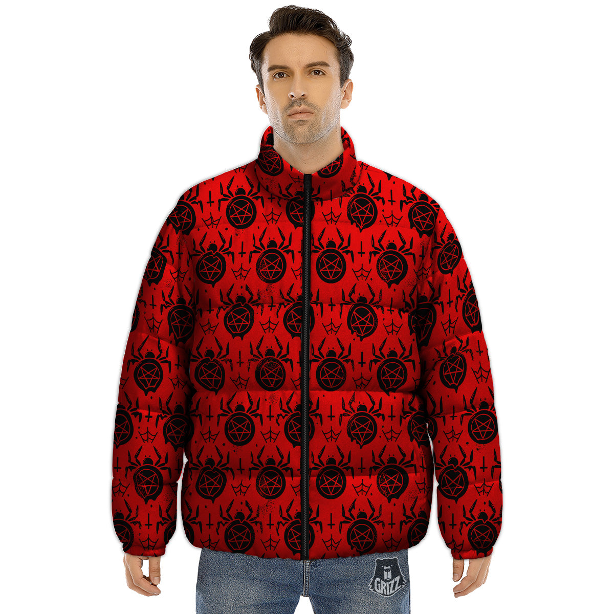 Red Spider Pentagram Print Pattern Puffer Jacket-grizzshop