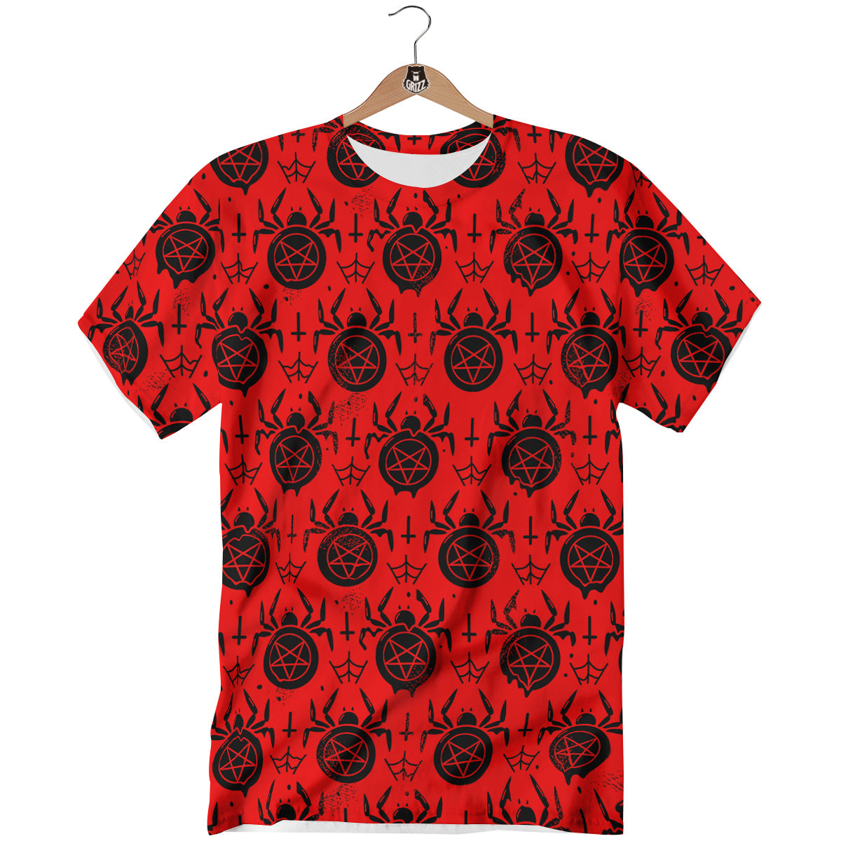 Red Spider Pentagram Print Pattern T-Shirt-grizzshop
