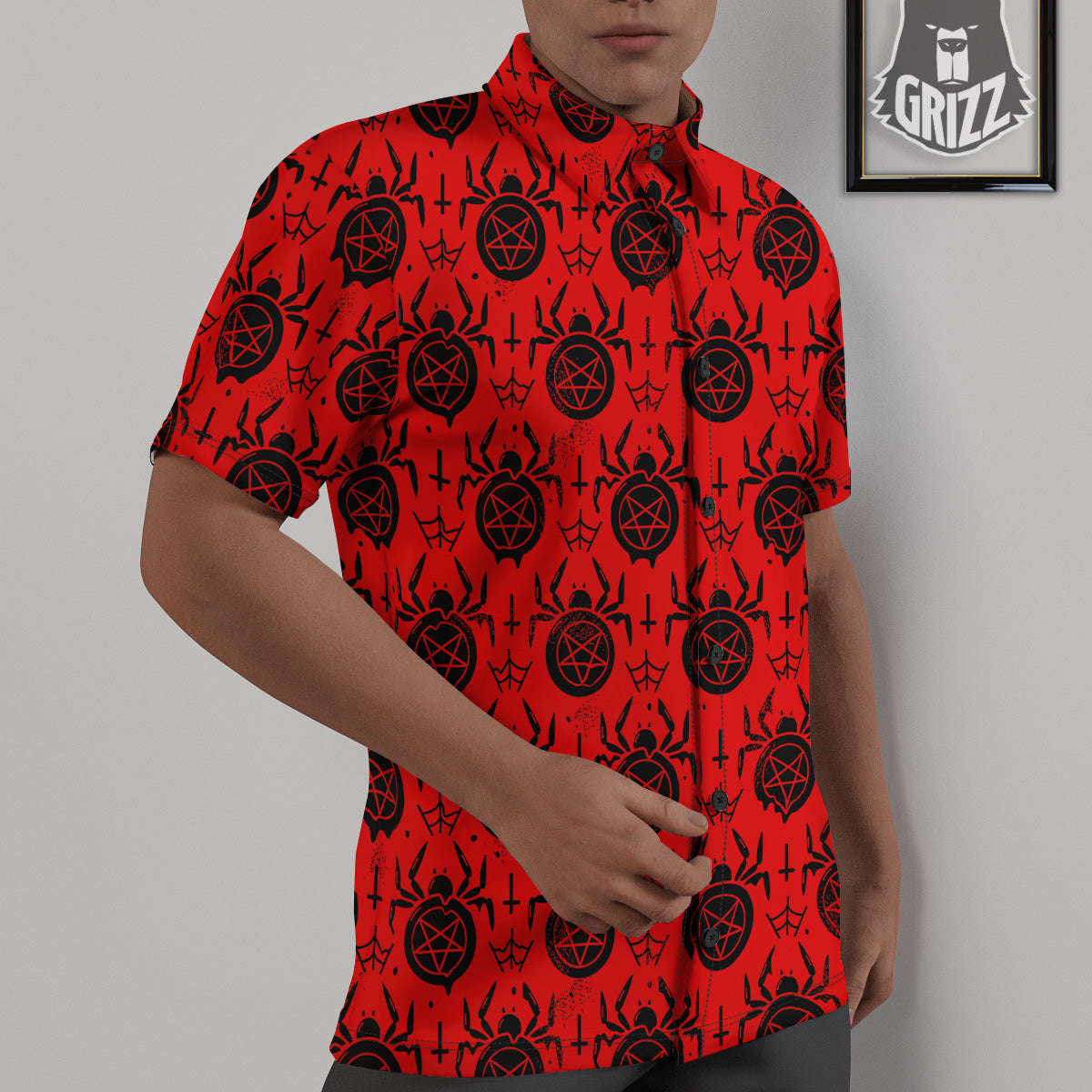 Red Spider Pentagram Print Pattern Untucked Shirts-grizzshop