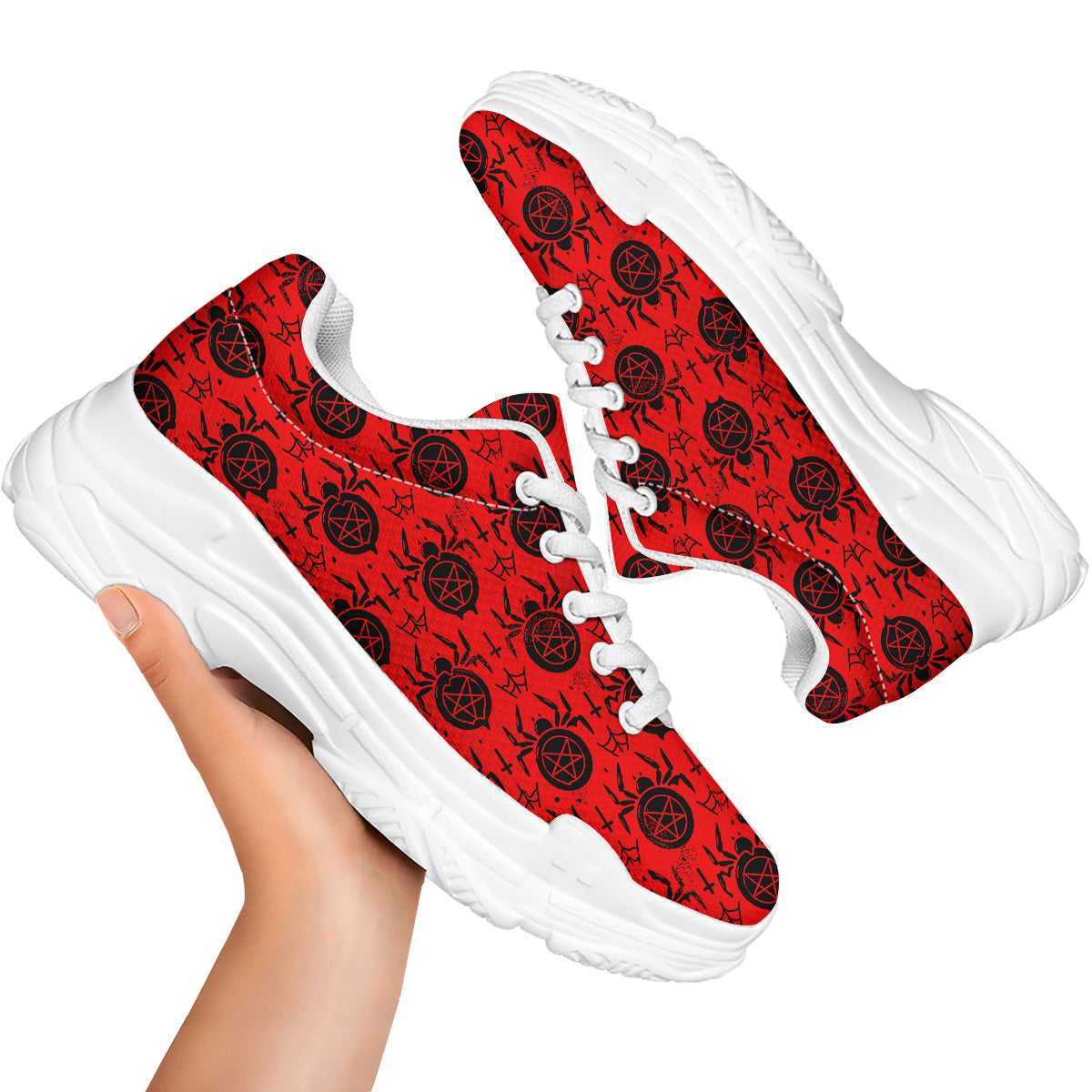 Red Spider Pentagram Print Pattern White Chunky Shoes-grizzshop