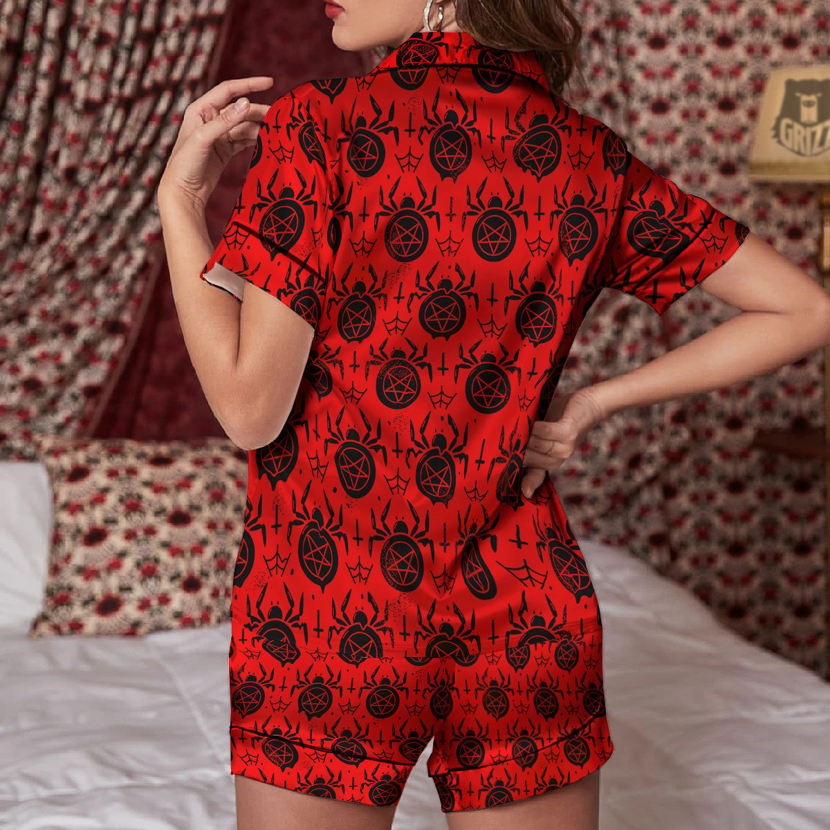 Red Spider Pentagram Print Pattern Women Silk Pajamas-grizzshop
