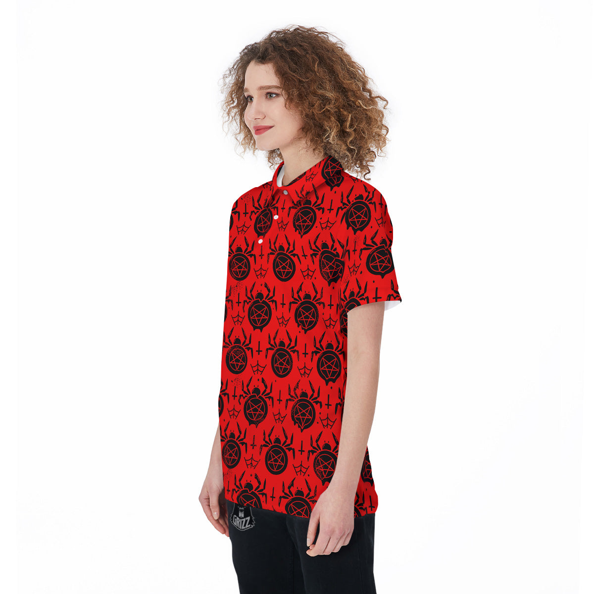 Red Spider Pentagram Print Pattern Women's Golf Shirts-grizzshop