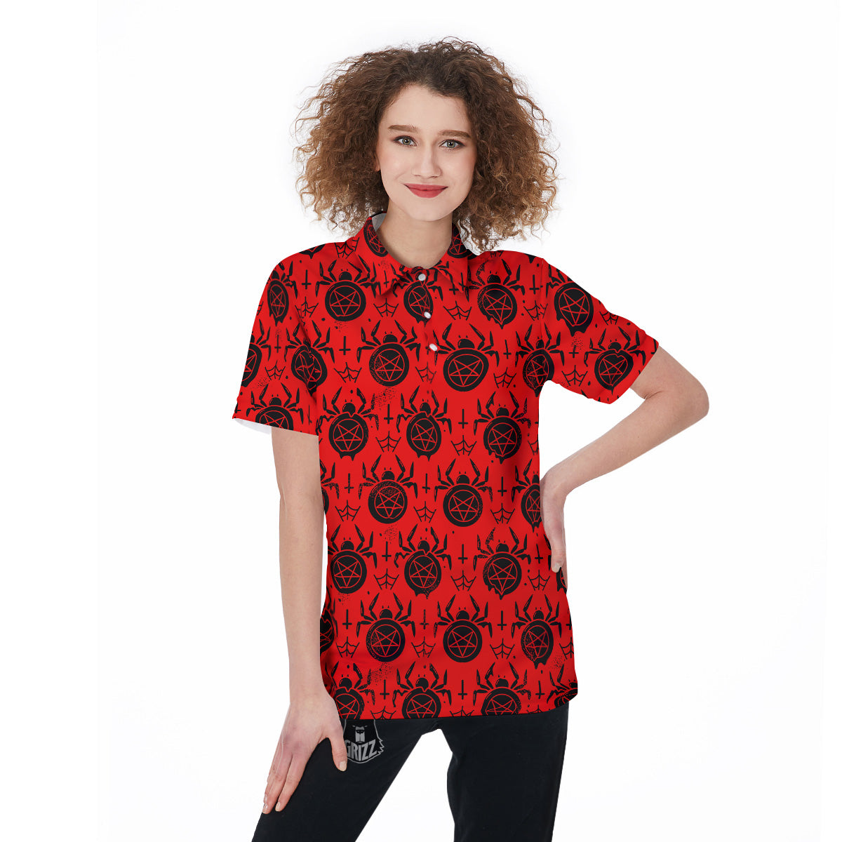 Red Spider Pentagram Print Pattern Women's Golf Shirts-grizzshop