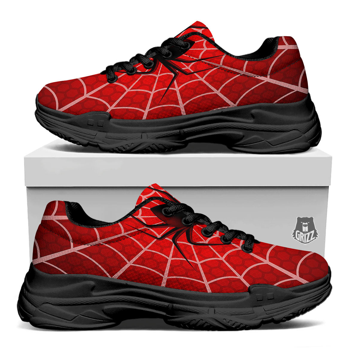 Red Spider Web Cobweb trap Print Black Chunky Shoes-grizzshop
