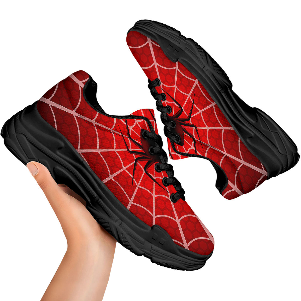 Red Spider Web Cobweb trap Print Black Chunky Shoes-grizzshop