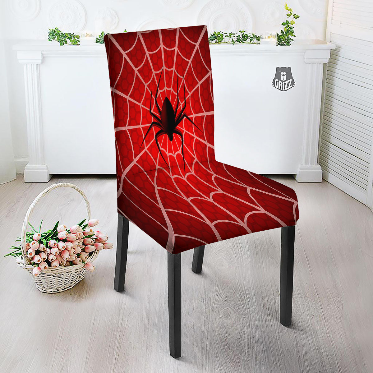 Red Spider Web Cobweb trap Print Dining Chair Slipcover-grizzshop