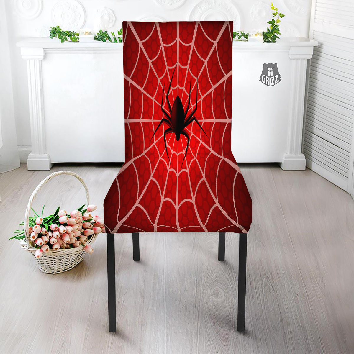Red Spider Web Cobweb trap Print Dining Chair Slipcover-grizzshop