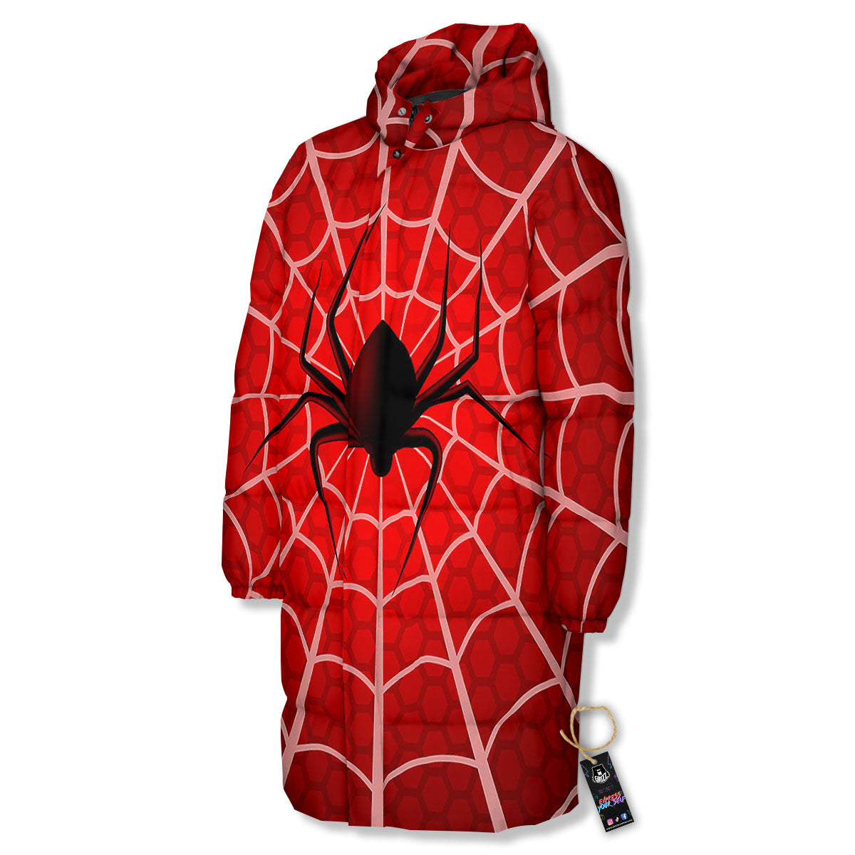 Red Spider Web Cobweb trap Print Long Down Jacket-grizzshop