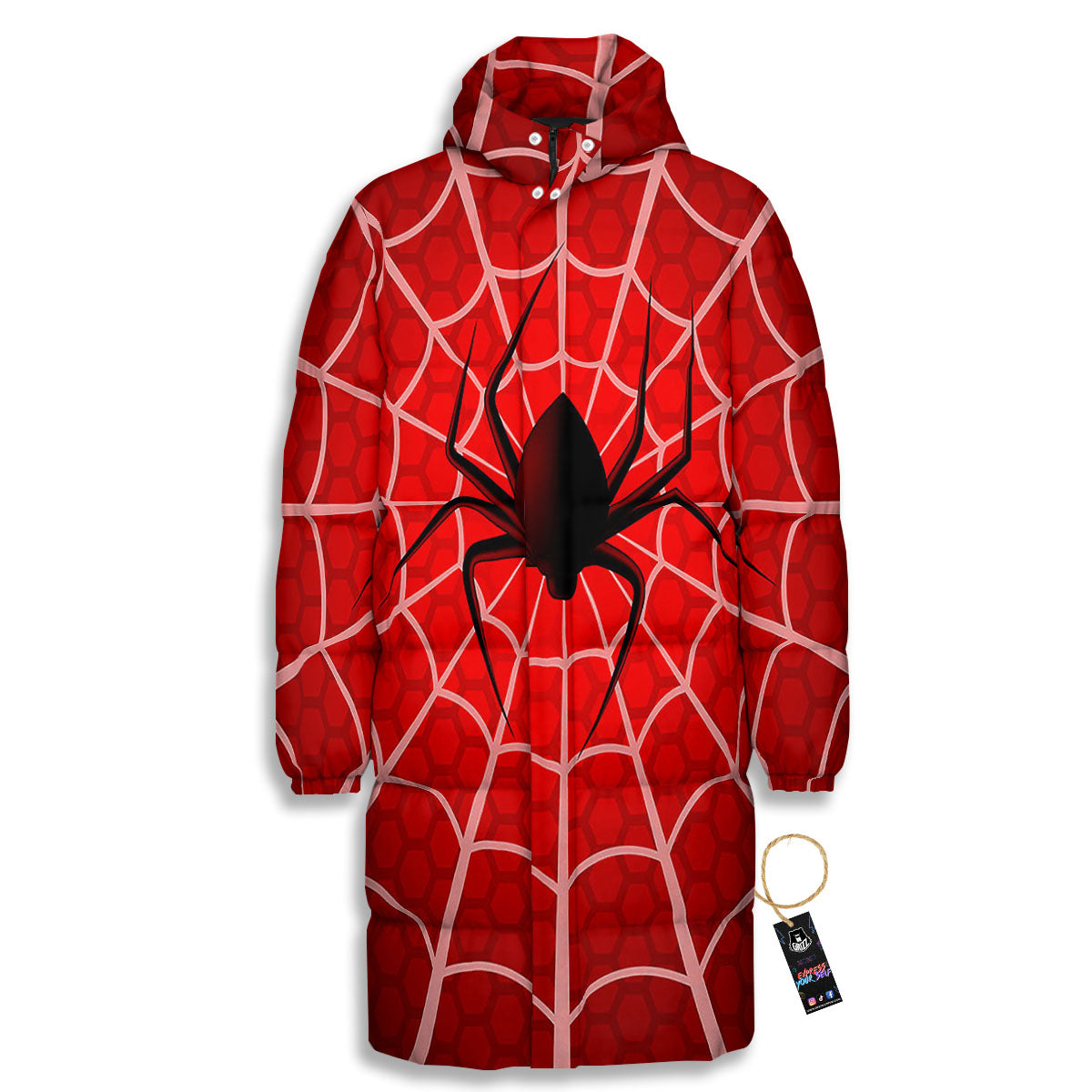 Red Spider Web Cobweb trap Print Long Down Jacket-grizzshop