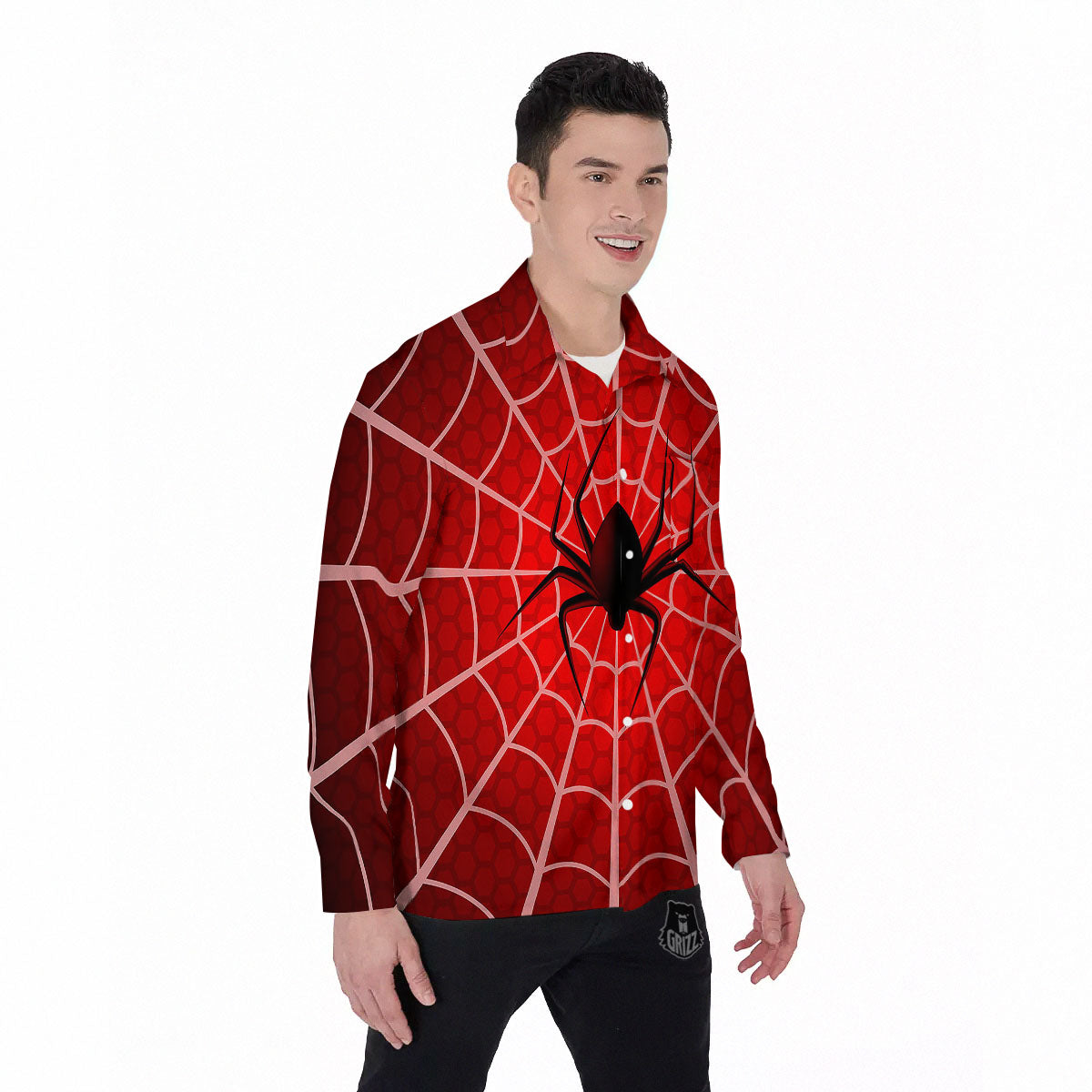 Red Spider Web Cobweb trap Print Men's Long Sleeve Shirts-grizzshop