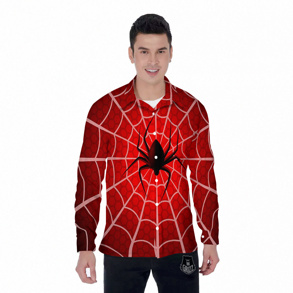 Red Spider Web Cobweb trap Print Men's Long Sleeve Shirts-grizzshop