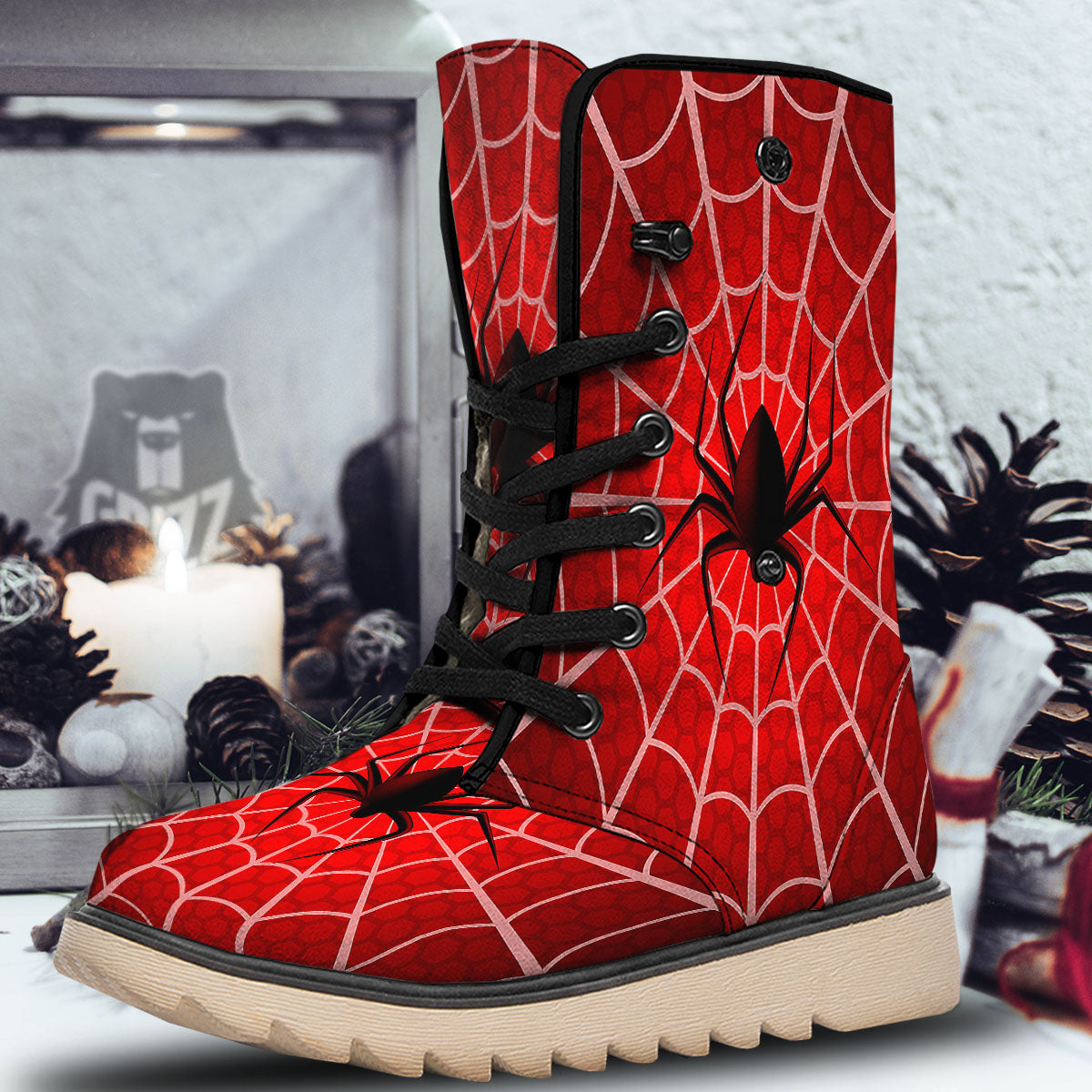 Red Spider Web Cobweb trap Print Snow Boots-grizzshop
