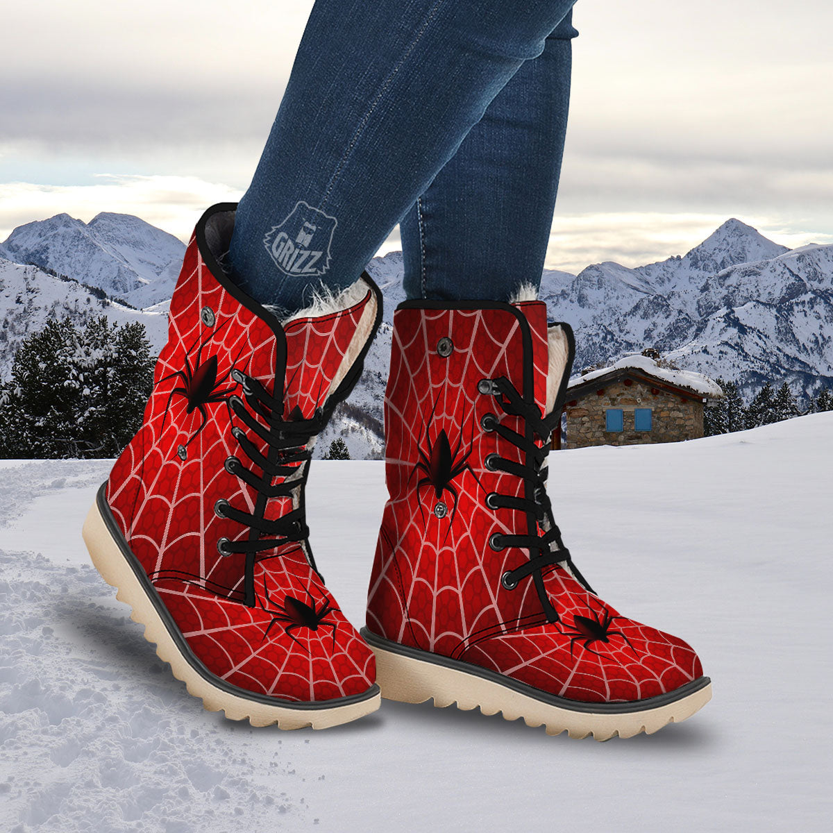 Red Spider Web Cobweb trap Print Snow Boots-grizzshop