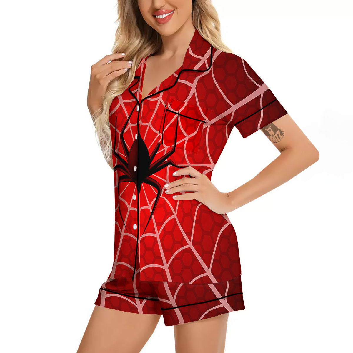 Red Spider Web Cobweb trap Print Women Silk Pajamas-grizzshop