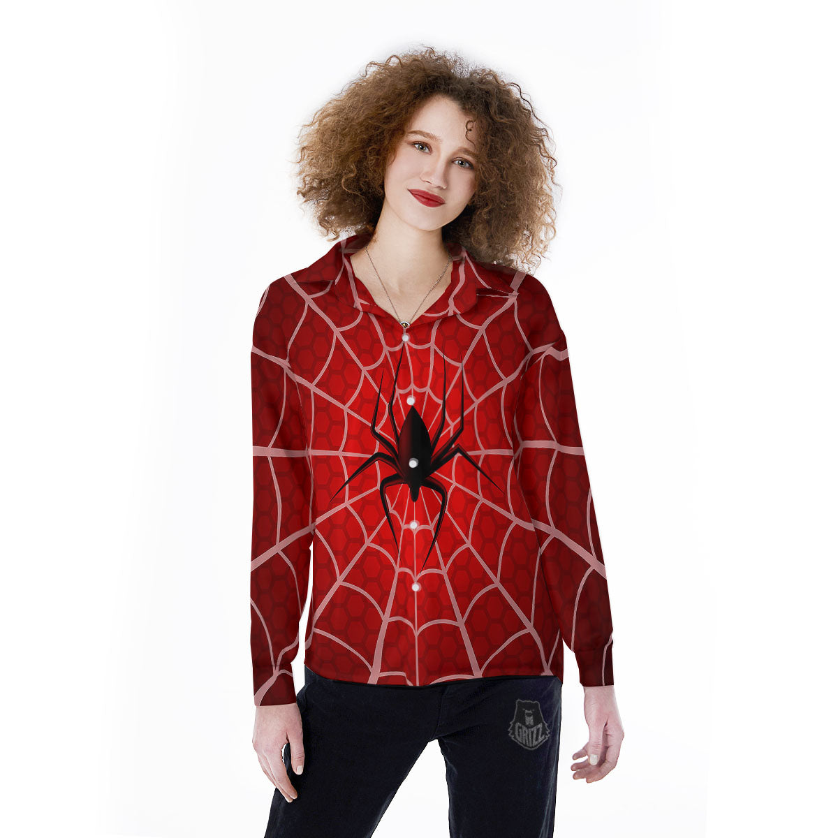 Red Spider Web Cobweb trap Print Women's Long Sleeve Shirts-grizzshop