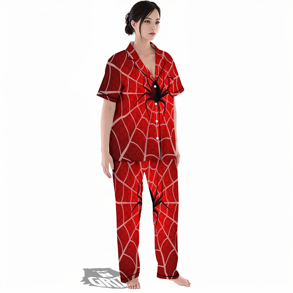 Red Spider Web Cobweb trap Print Women's Pajamas Set-grizzshop