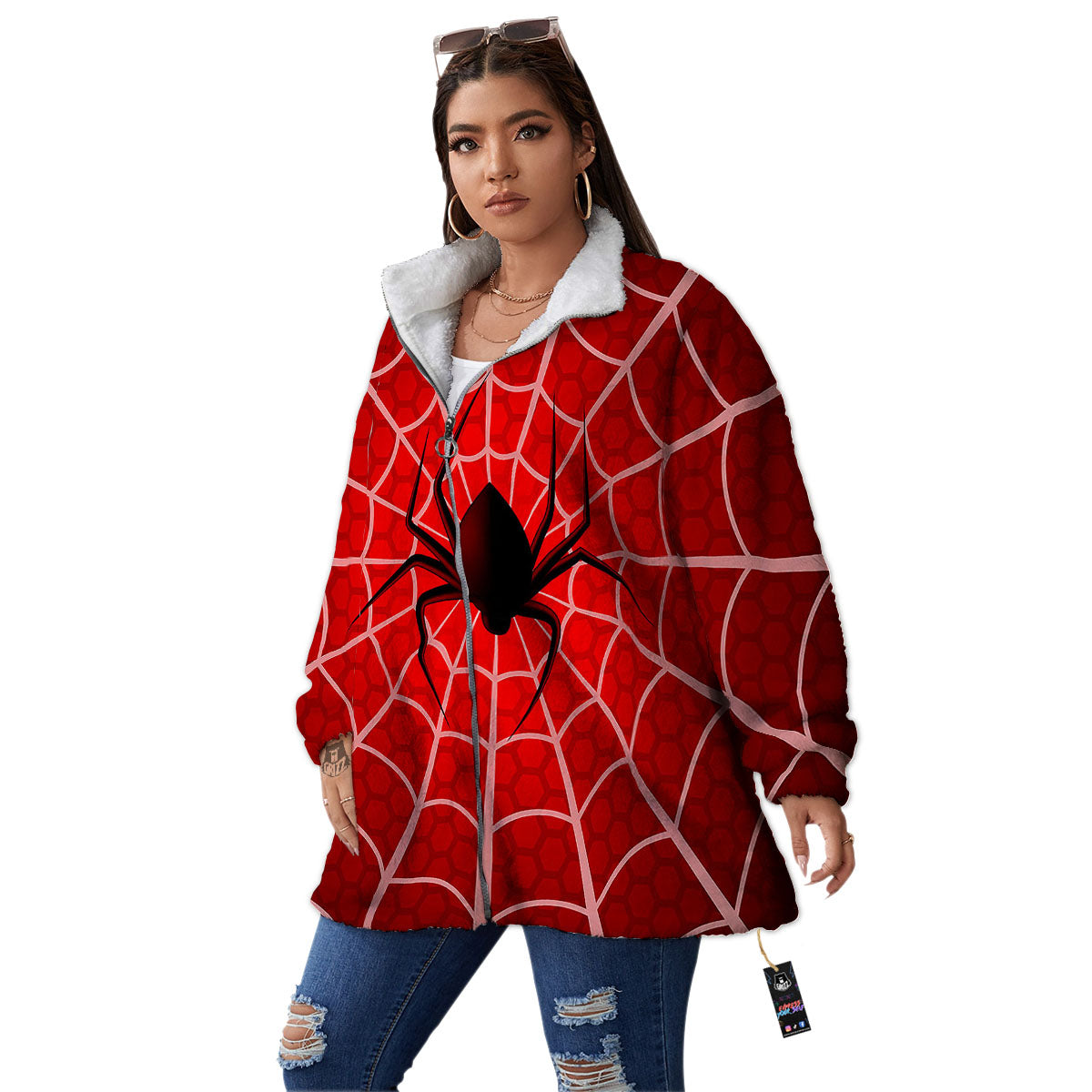 Red Spider Web Cobweb trap Print Women's Sherpa Jacket-grizzshop