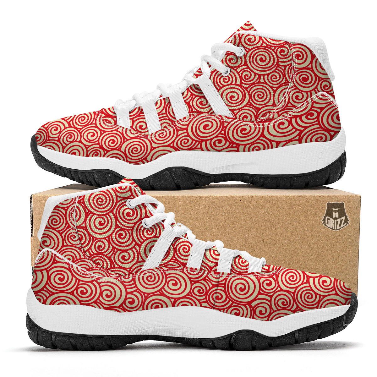 Red Spiral Print Pattern White Bball Shoes-grizzshop