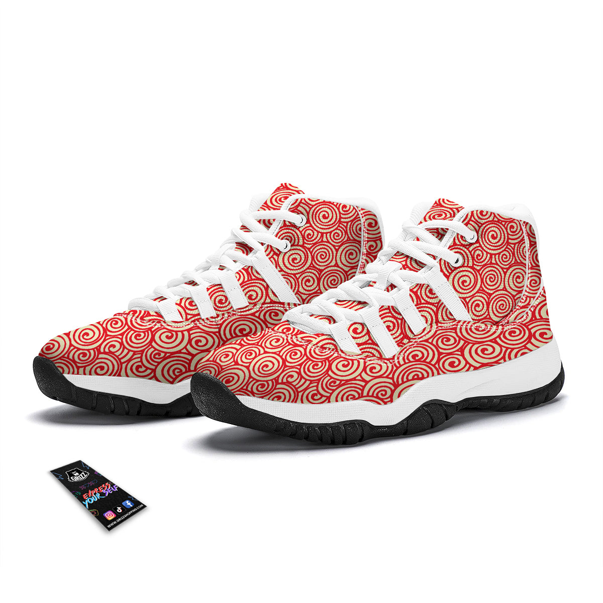 Red Spiral Print Pattern White Bball Shoes-grizzshop