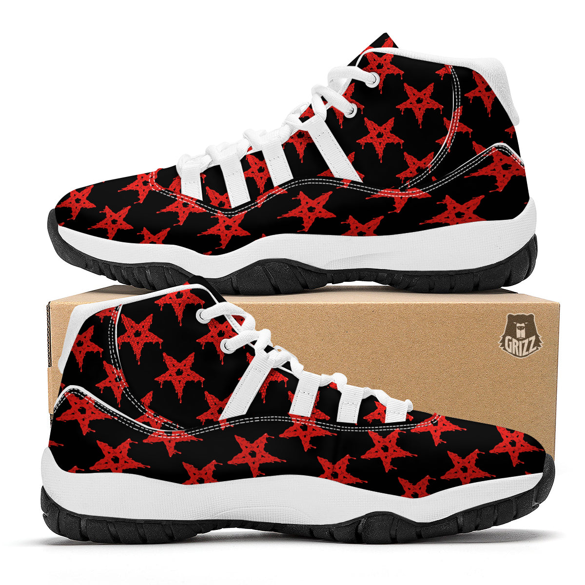 Red Star Demon Pentagram Print Pattern White Bball Shoes-grizzshop