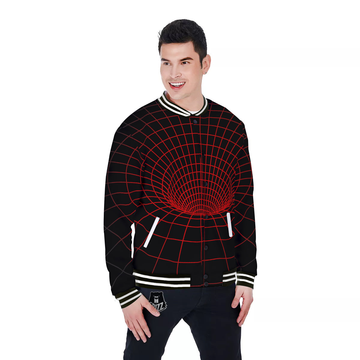 Red Techno Funnel Print Baseball Jacket-grizzshop