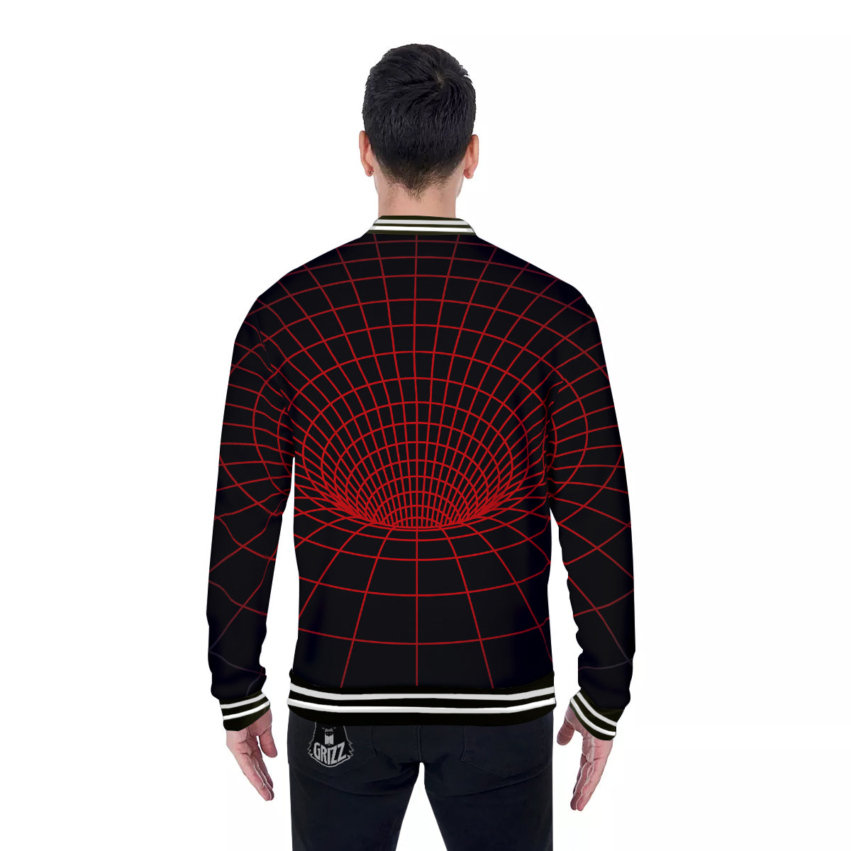 Red Techno Funnel Print Baseball Jacket-grizzshop