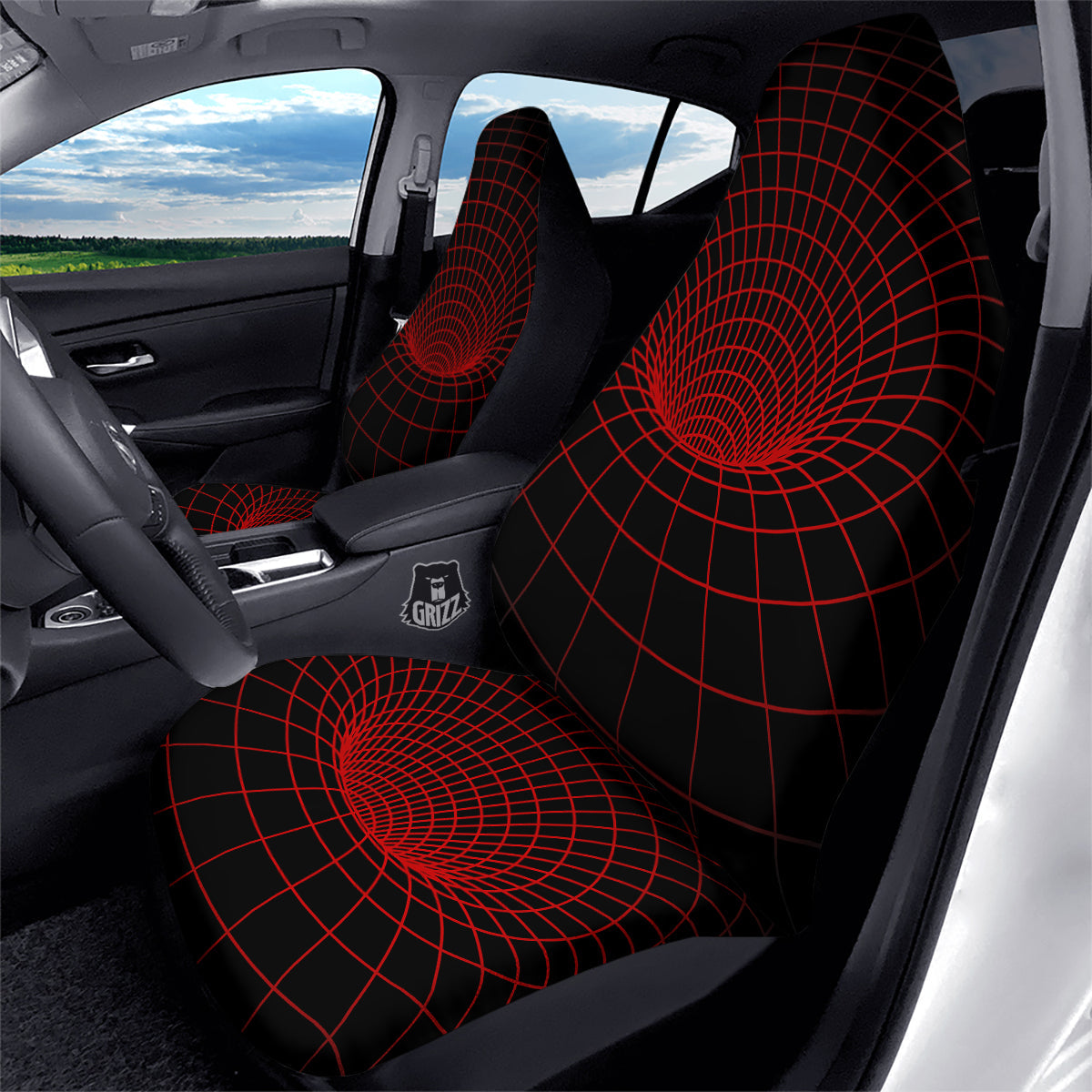 Red Techno Funnel Print Car Seat Covers-grizzshop