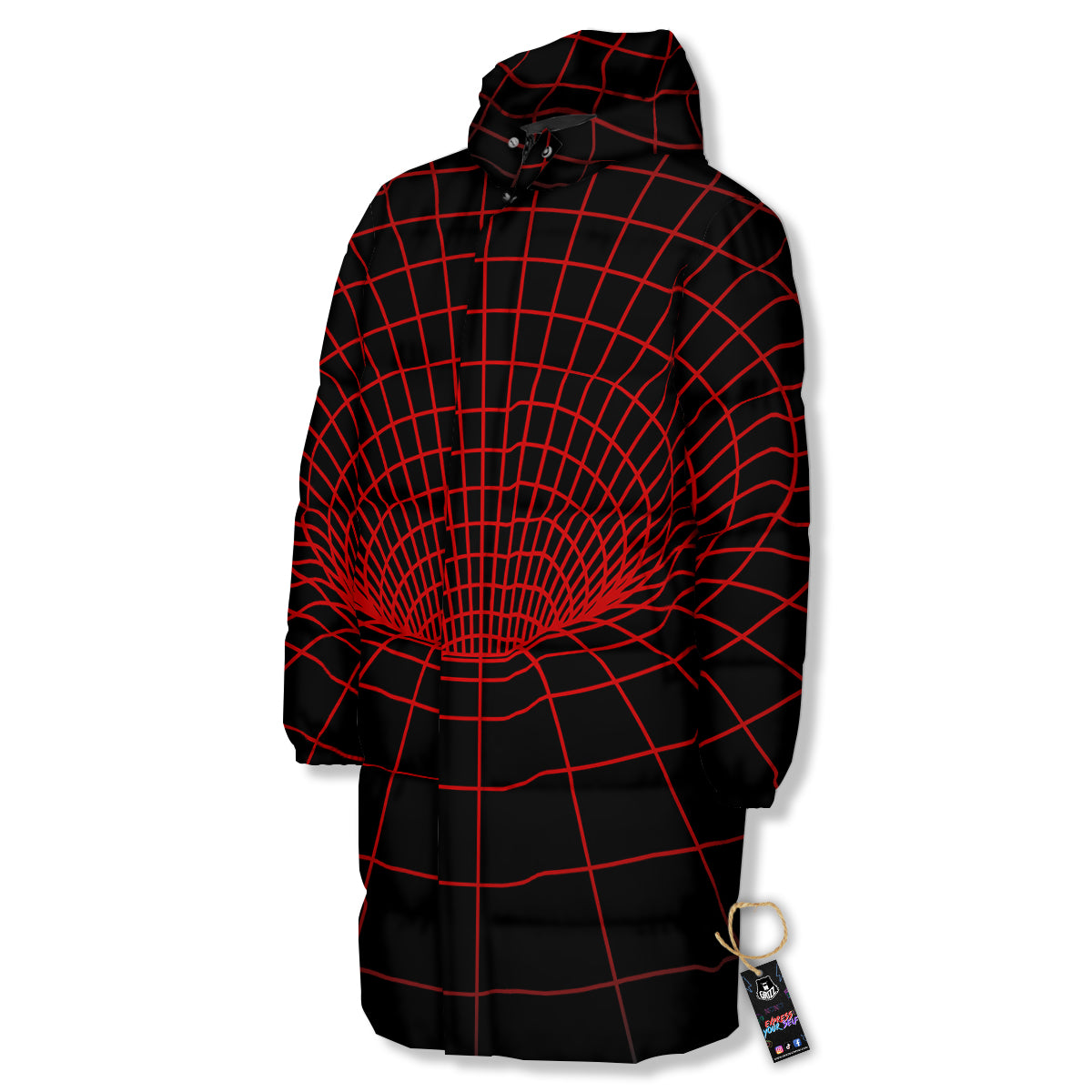 Red Techno Funnel Print Long Down Jacket-grizzshop
