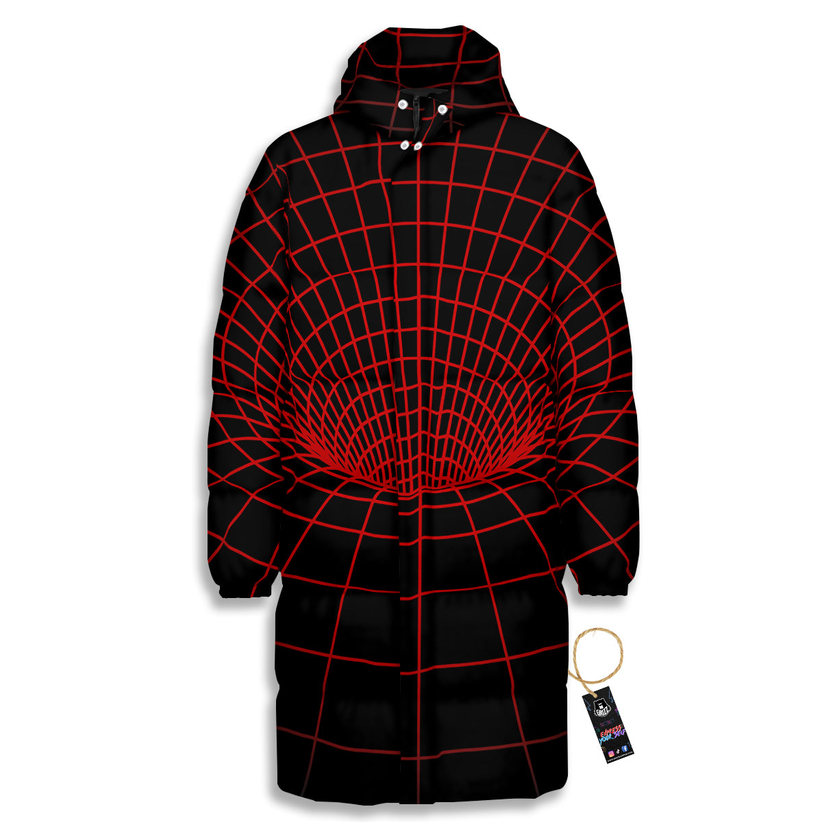 Red Techno Funnel Print Long Down Jacket-grizzshop