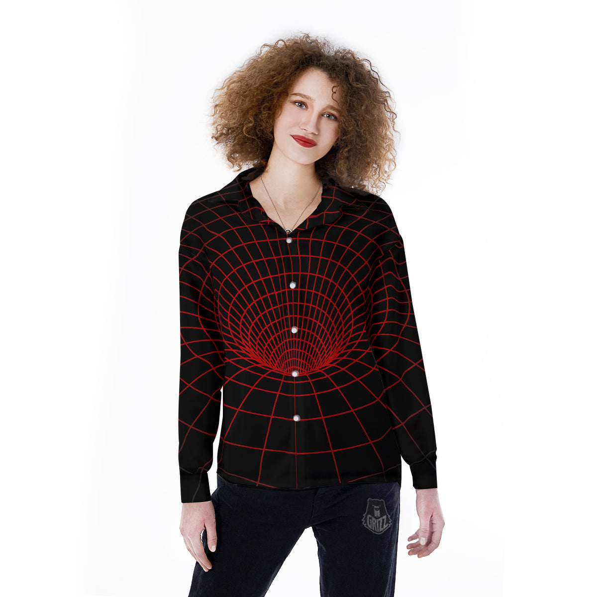 Red Techno Funnel Print Women's Long Sleeve Shirts-grizzshop