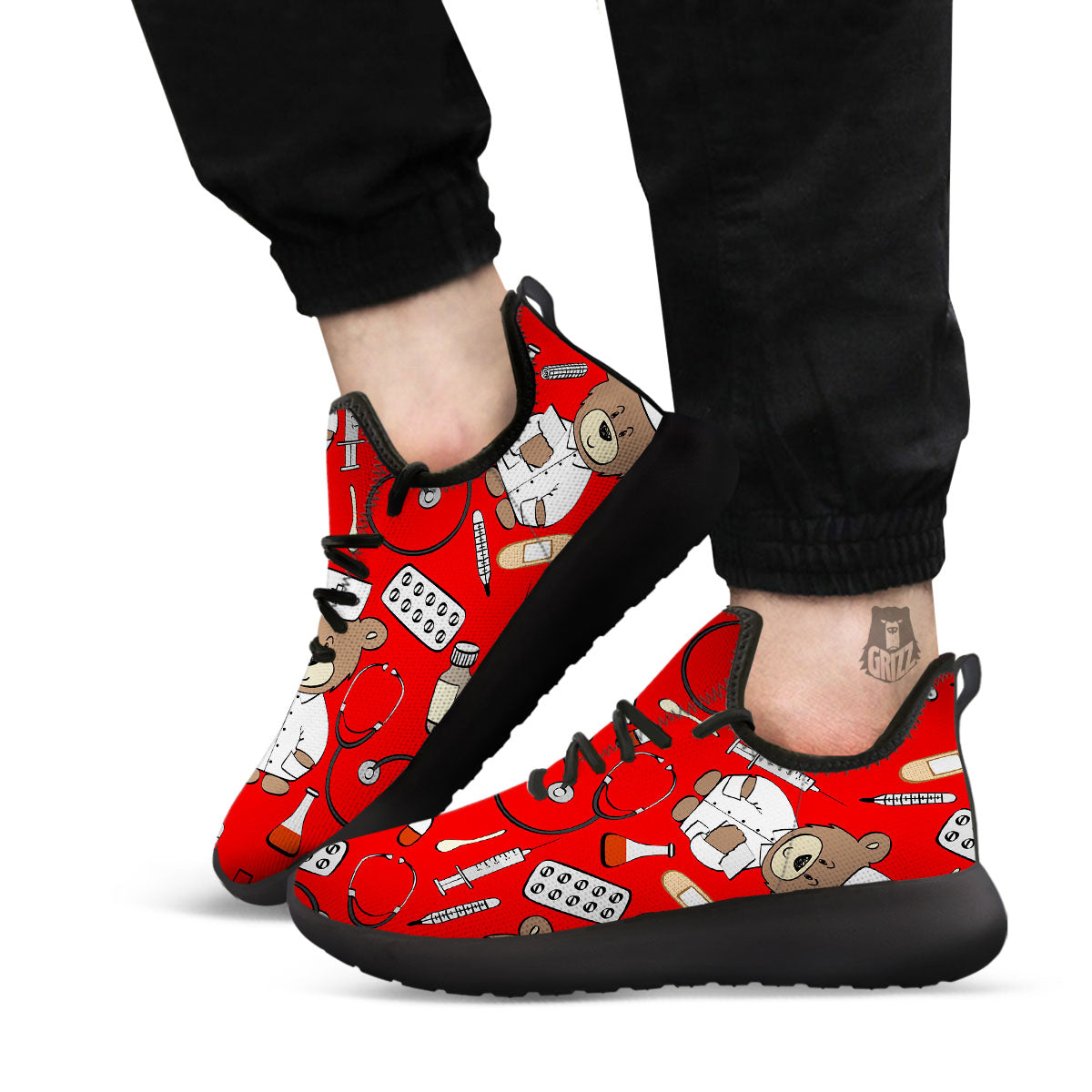 Red Teddy Bear Nurse Black Athletic Shoes-grizzshop