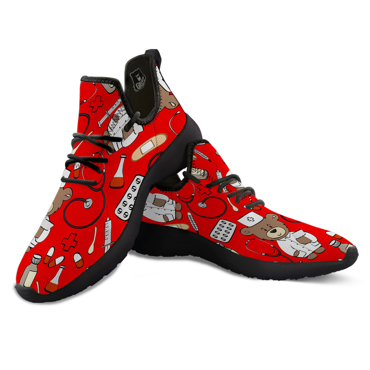 Red Teddy Bear Nurse Black Athletic Shoes-grizzshop