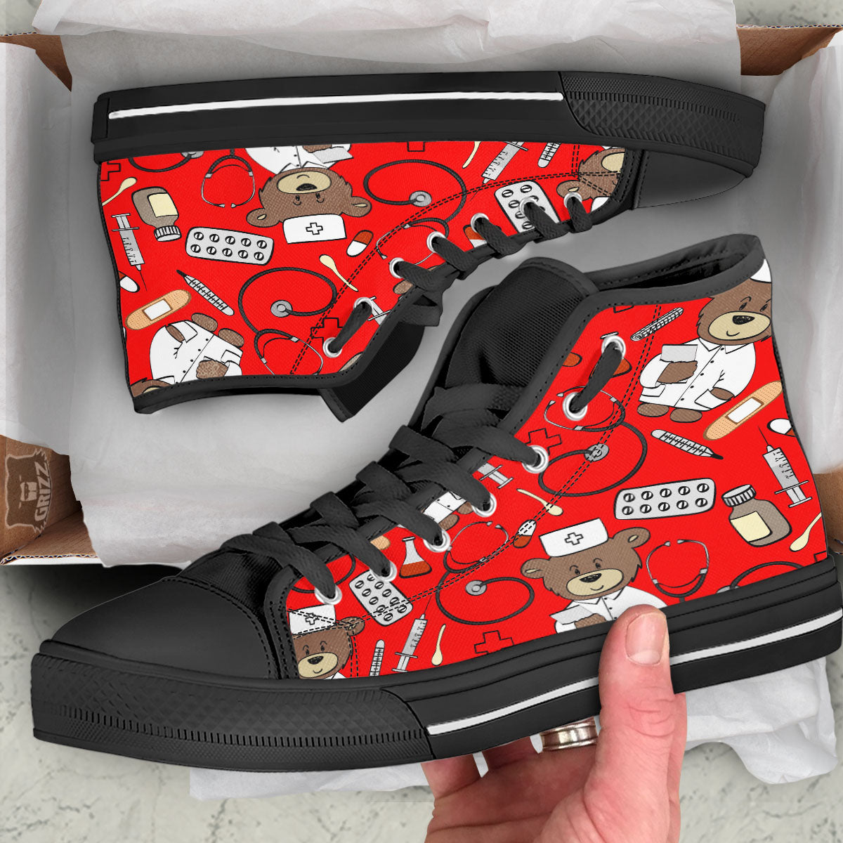 Red Teddy Bear Nurse Black High Top Shoes-grizzshop