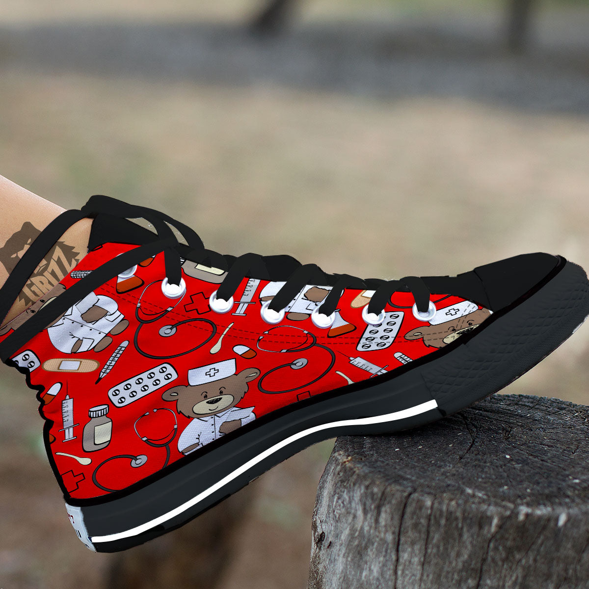 Red Teddy Bear Nurse Black High Top Shoes-grizzshop