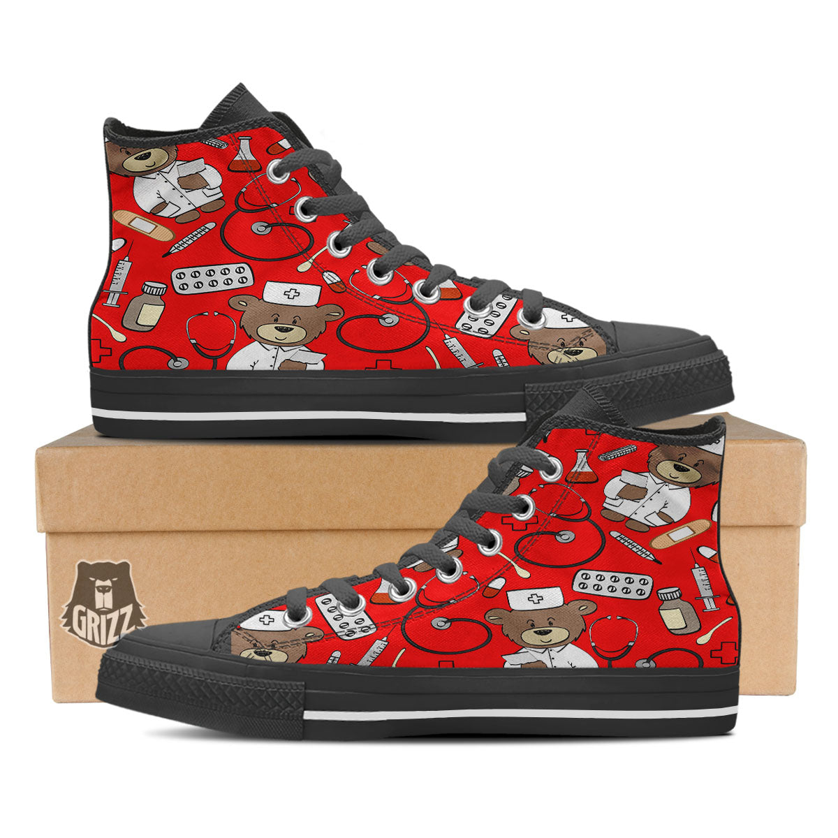 Red Teddy Bear Nurse Black High Top Shoes-grizzshop