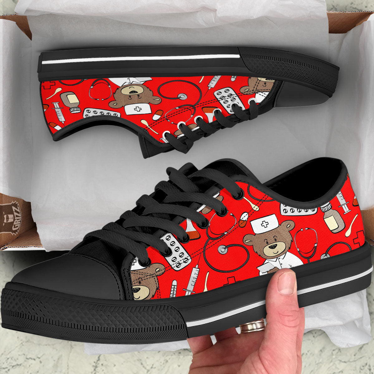 Red Teddy Bear Nurse Black Low Top Shoes-grizzshop