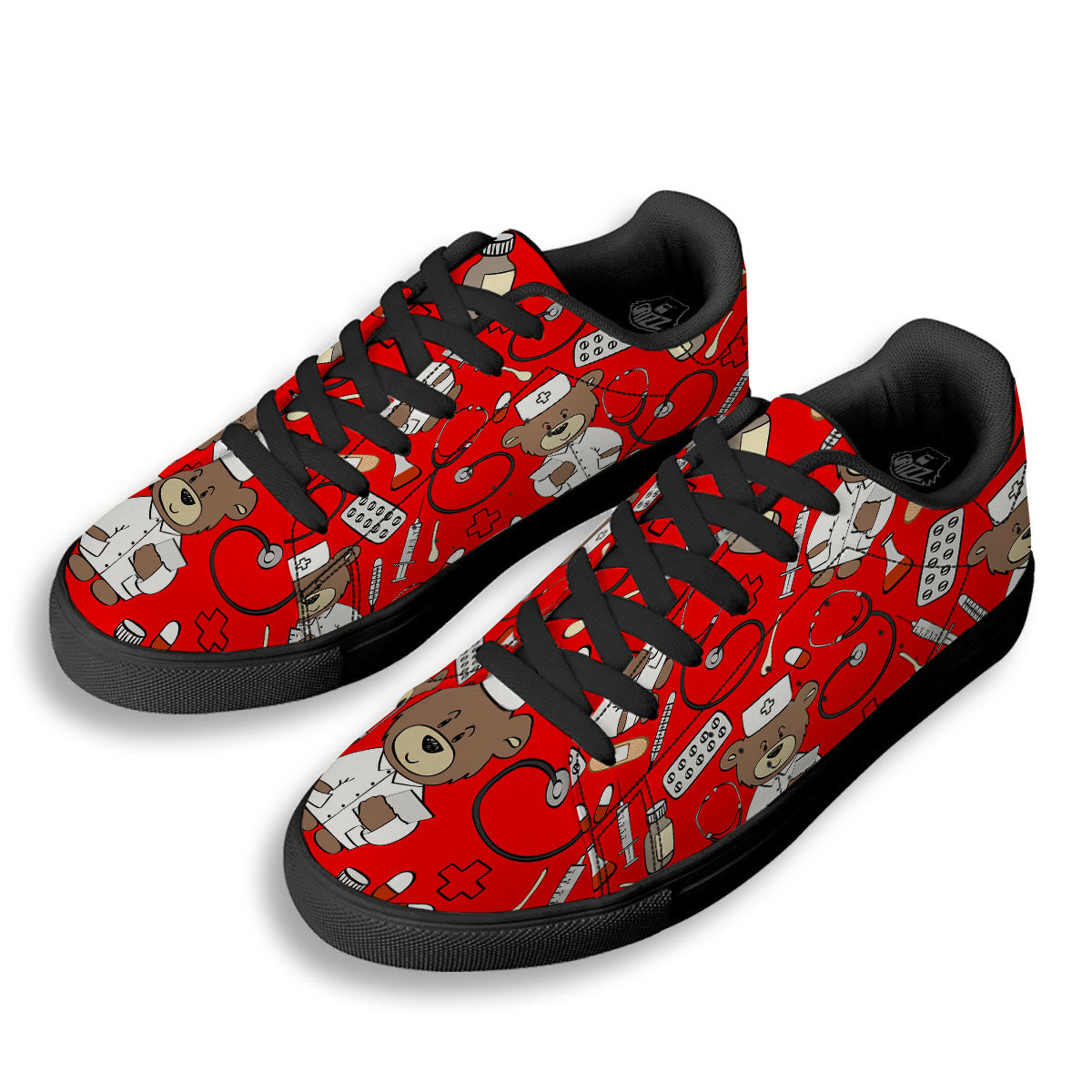 Red Teddy Bear Nurse Black Low Top Sneakers-grizzshop