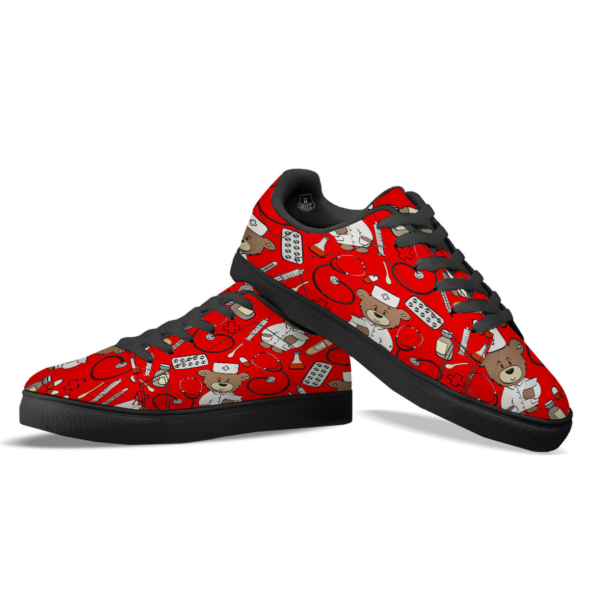 Red Teddy Bear Nurse Black Low Top Sneakers-grizzshop