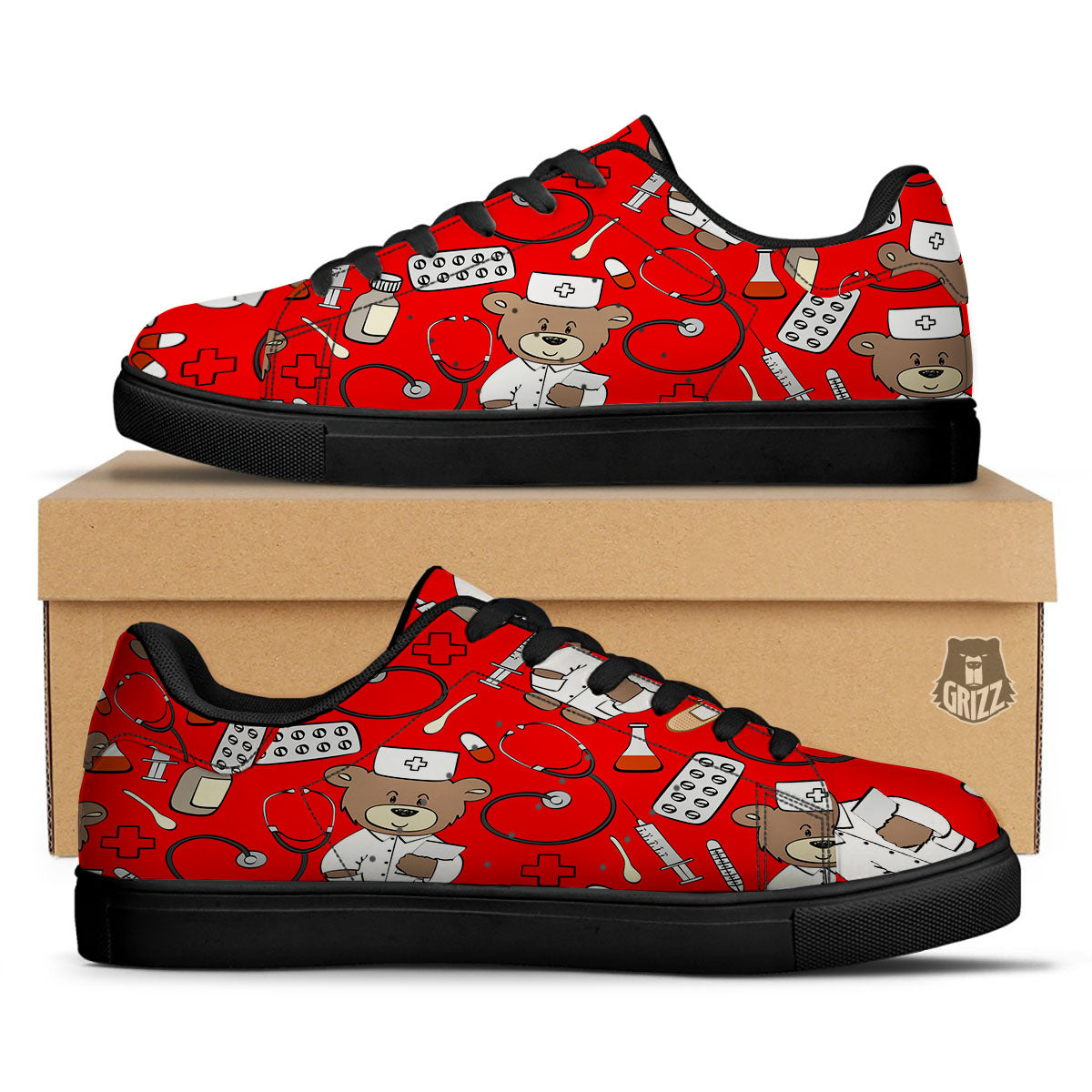 Red Teddy Bear Nurse Black Low Top Sneakers-grizzshop