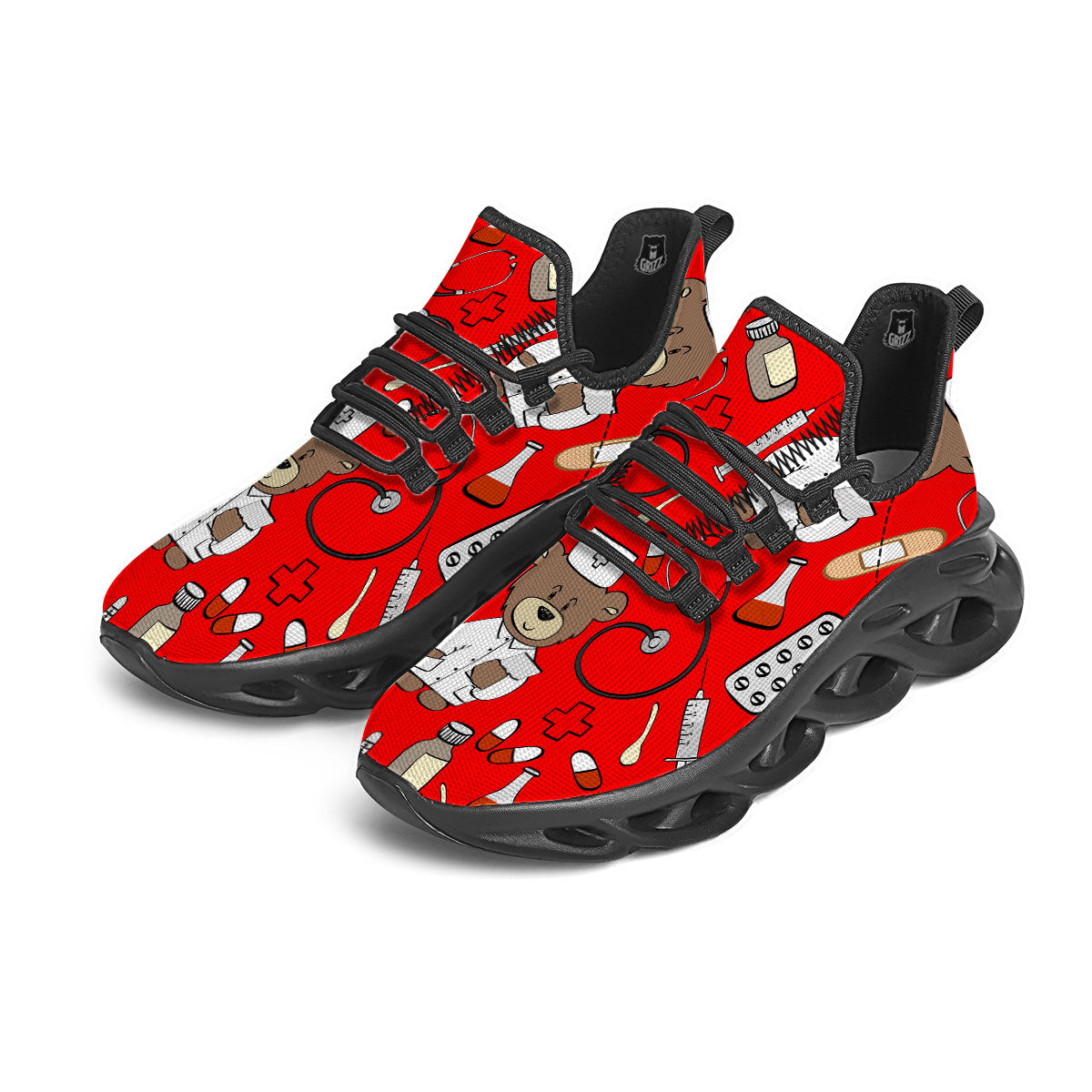Red Teddy Bear Nurse Black Running Shoes-grizzshop
