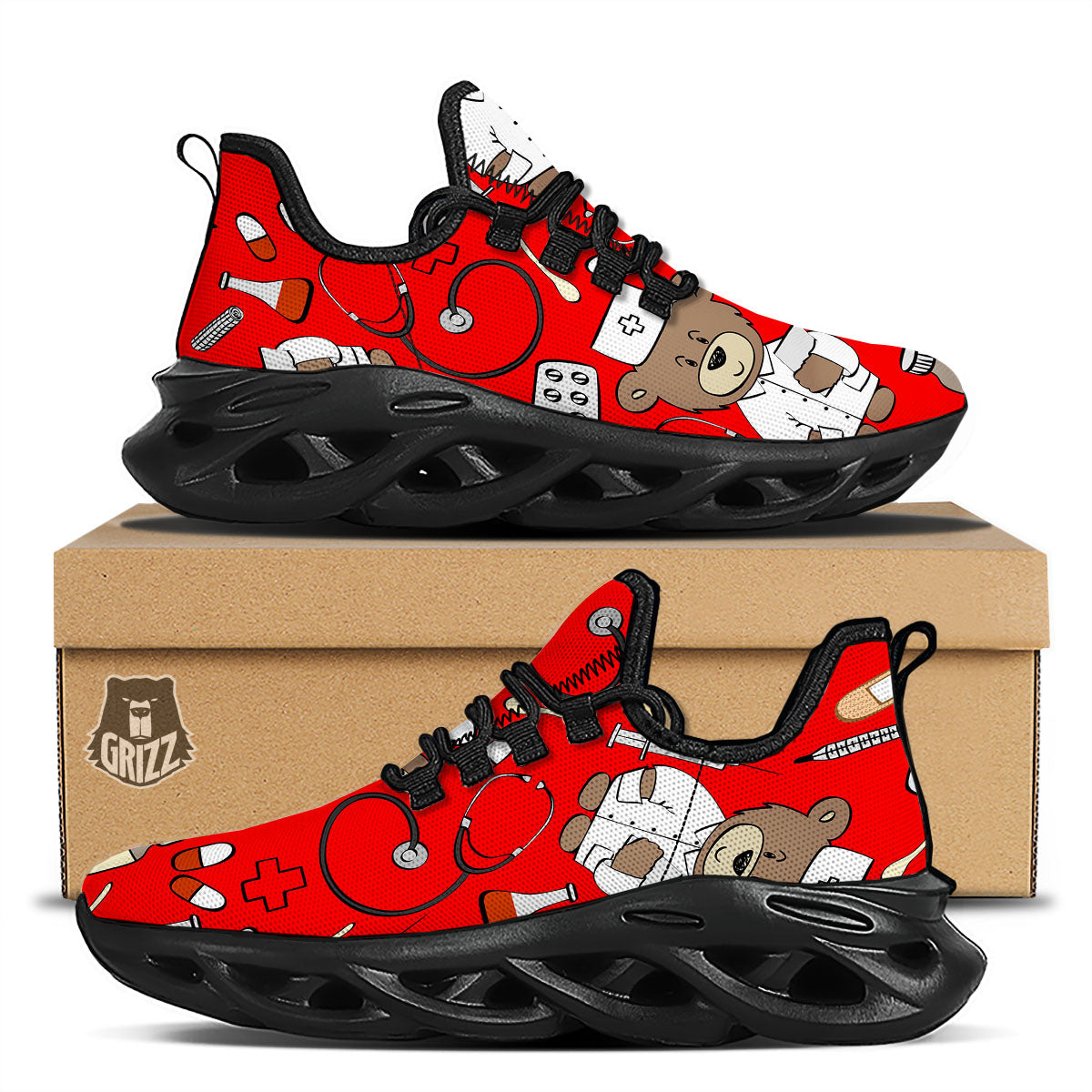 Red Teddy Bear Nurse Black Running Shoes-grizzshop