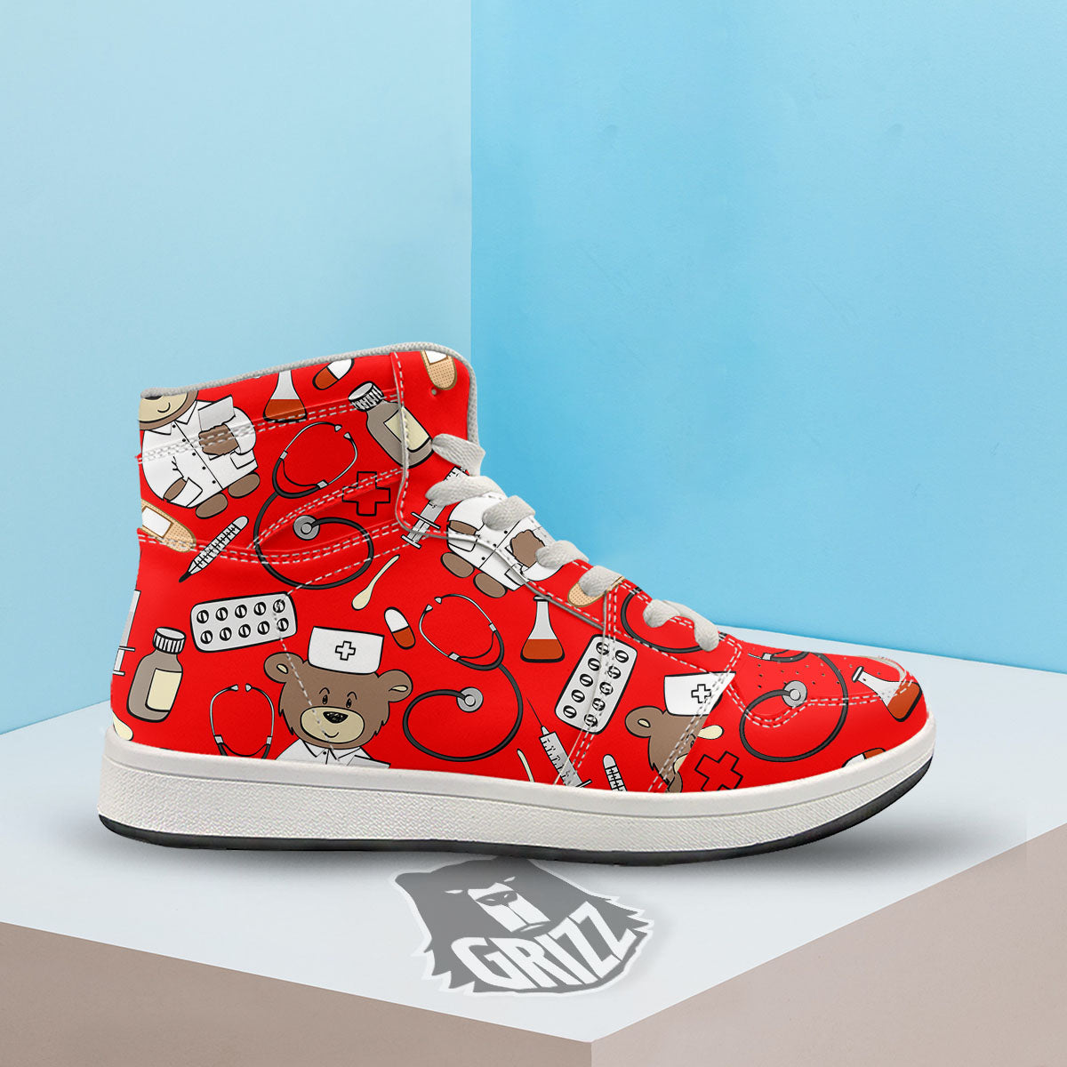Red Teddy Bear Nurse High Top Sneakers-grizzshop