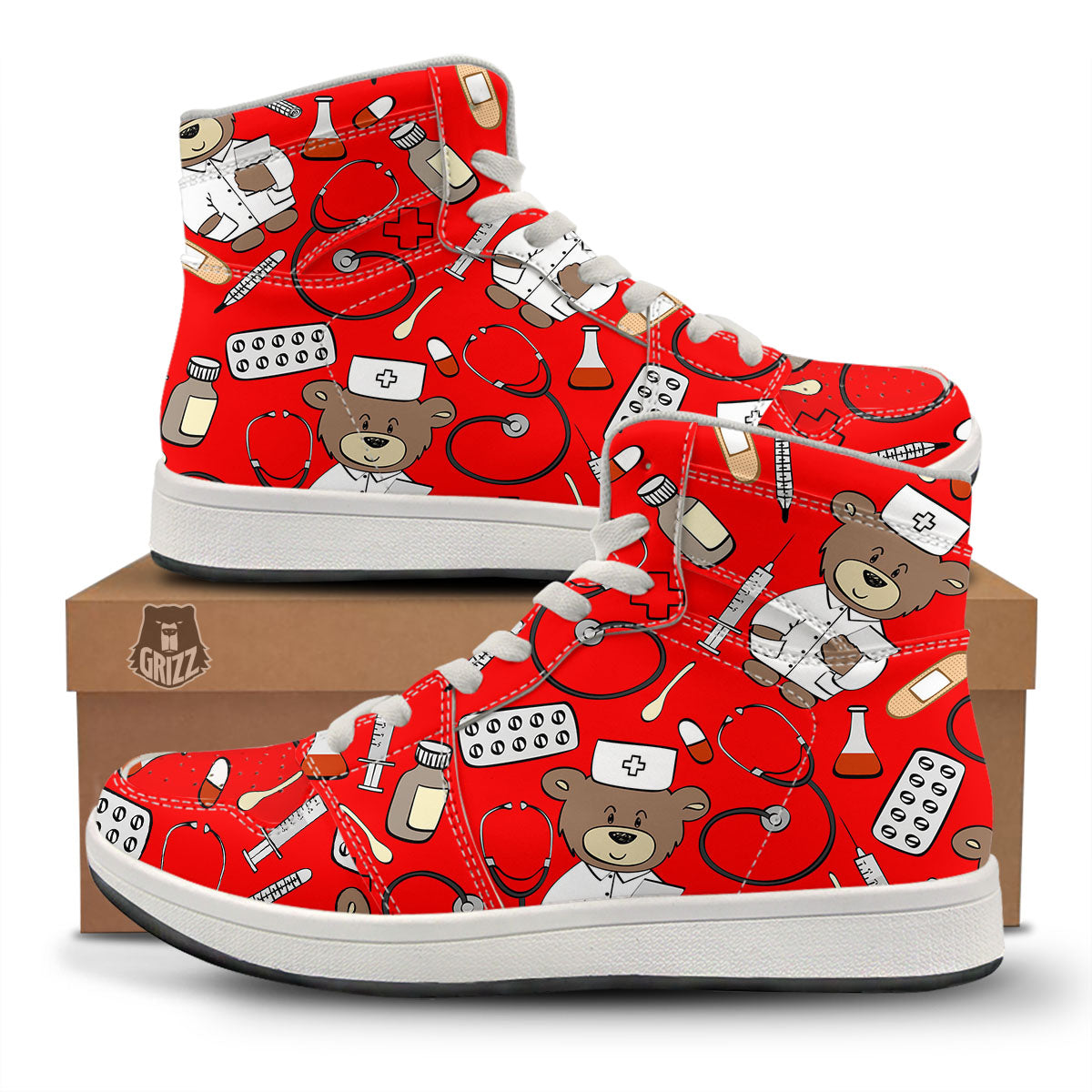Red Teddy Bear Nurse High Top Sneakers-grizzshop