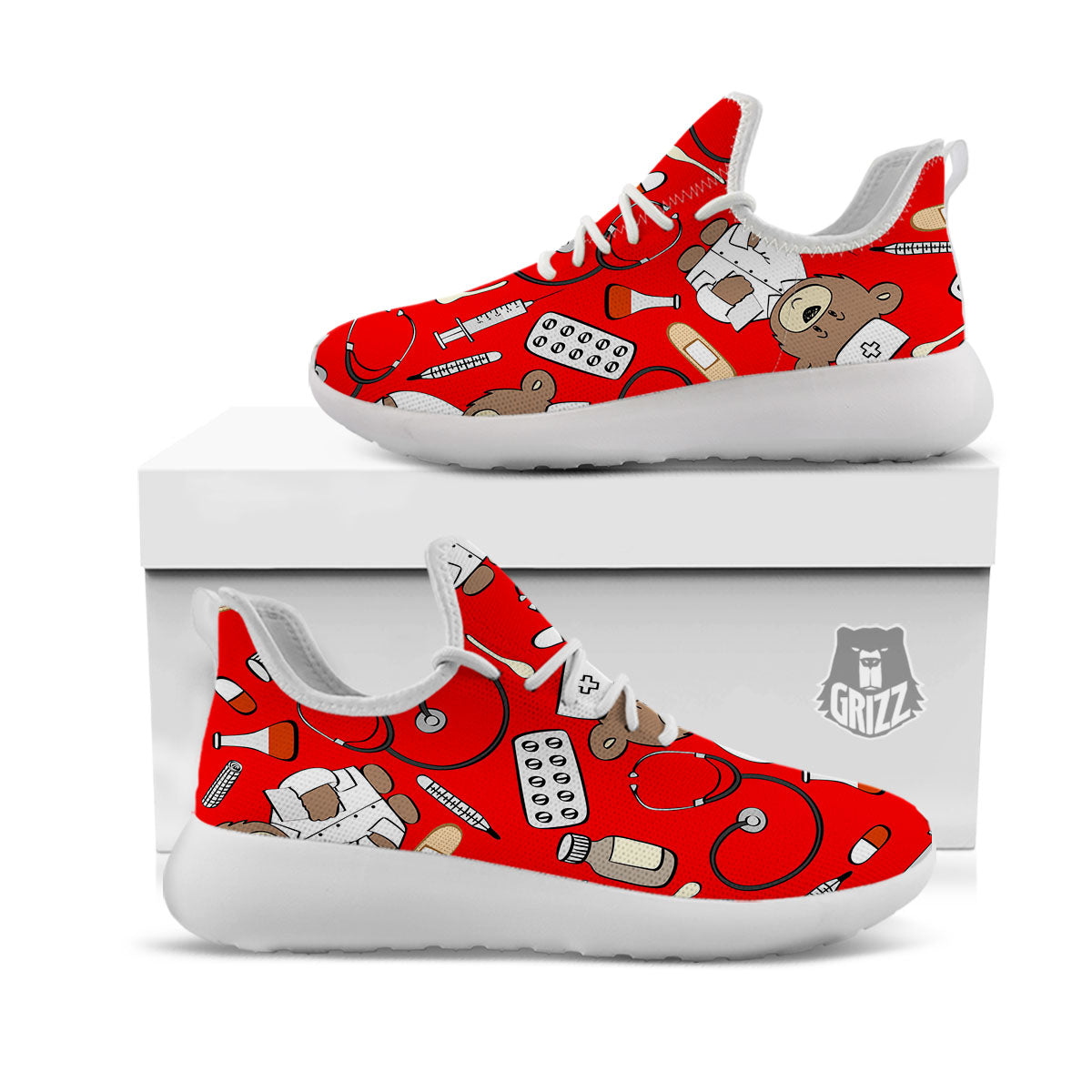 Red Teddy Bear Nurse White Athletic Shoes-grizzshop