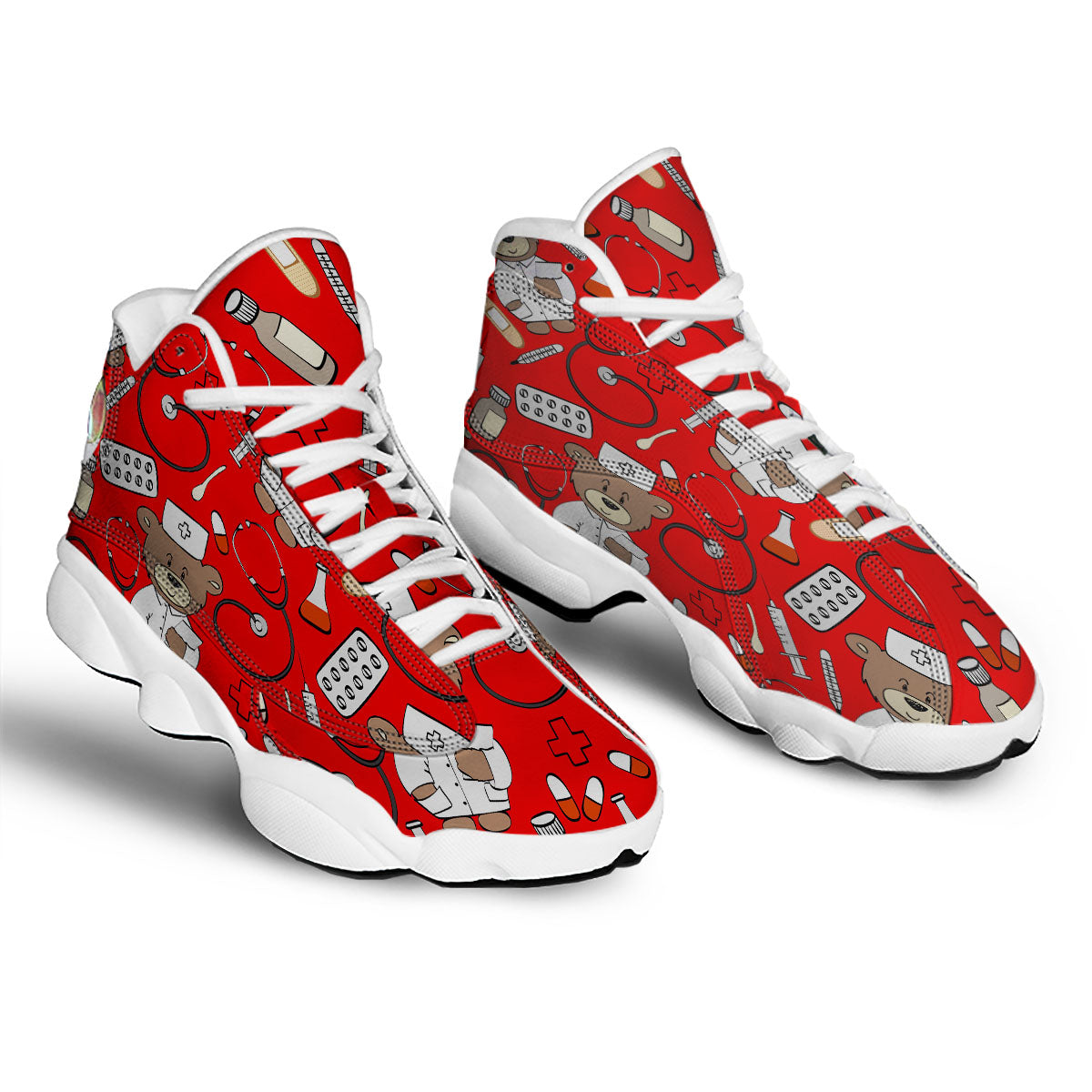 Red Teddy Bear Nurse White Basketball Shoes-grizzshop