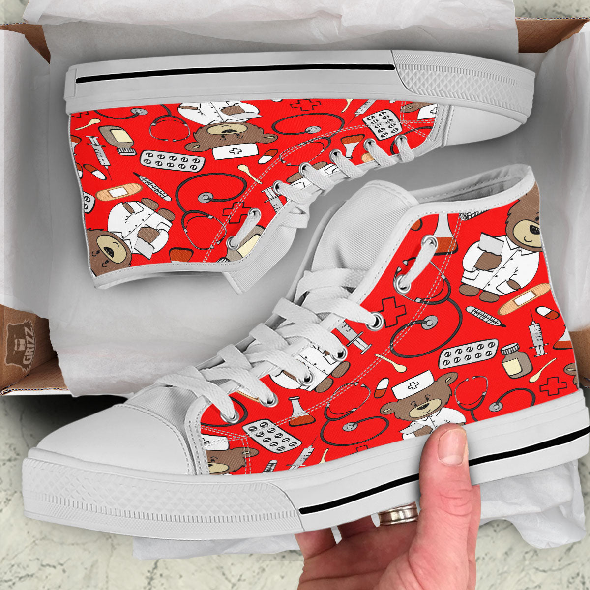 Red Teddy Bear Nurse White High Top Shoes-grizzshop