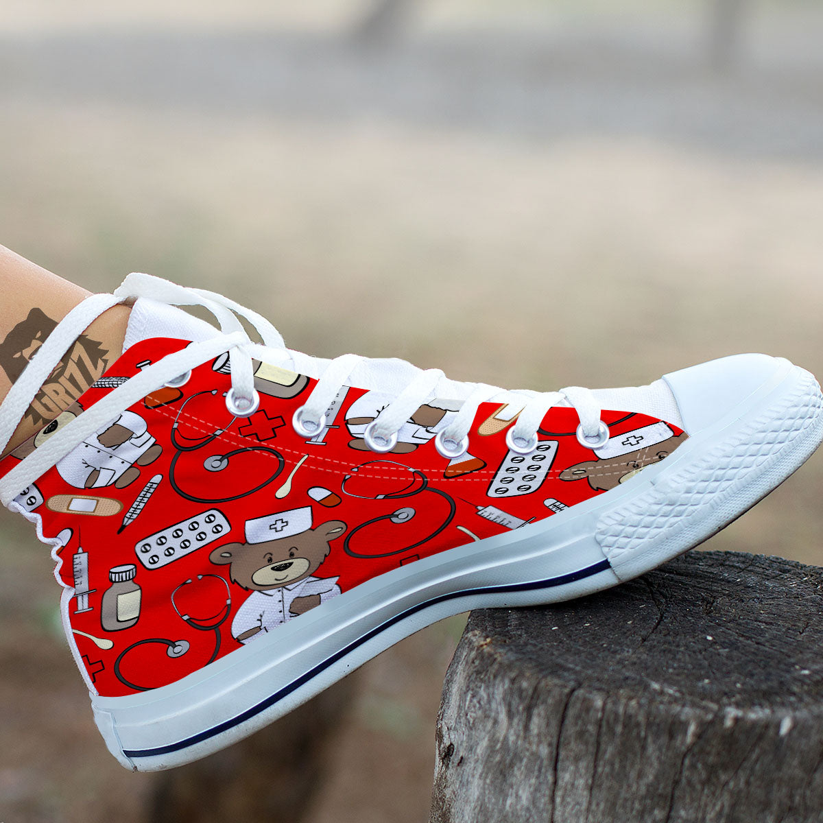 Red Teddy Bear Nurse White High Top Shoes-grizzshop