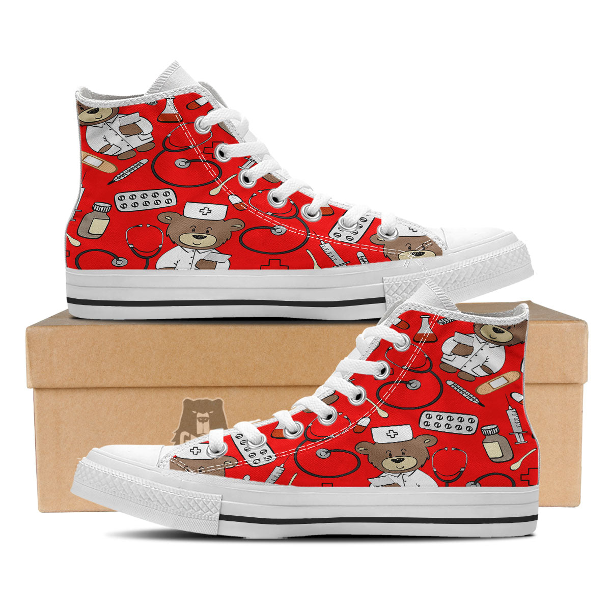 Red Teddy Bear Nurse White High Top Shoes-grizzshop