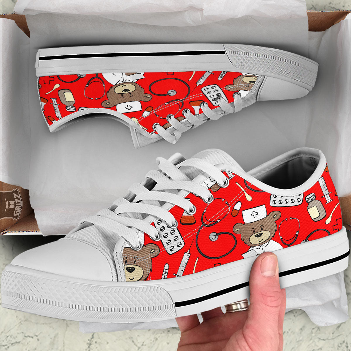 Red Teddy Bear Nurse White Low Top Shoes-grizzshop