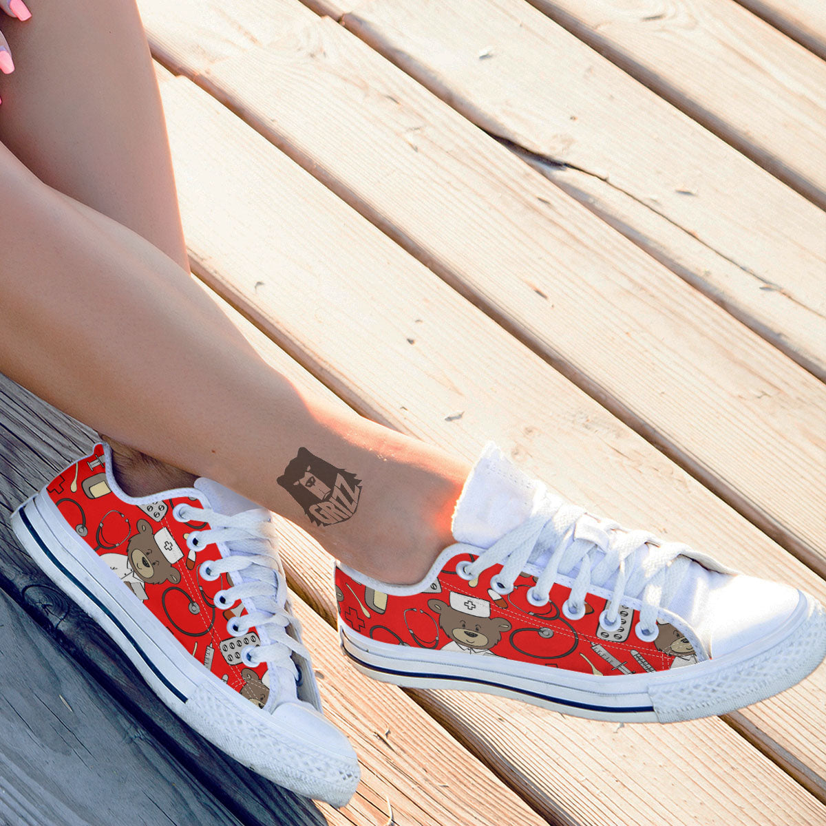 Red Teddy Bear Nurse White Low Top Shoes-grizzshop